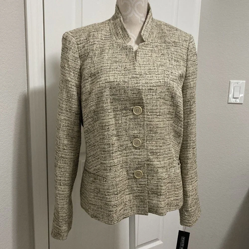 Lafayette 148 New York Beige Brown Tweed 3 Button Blazer Jacket Sz 14 NWT